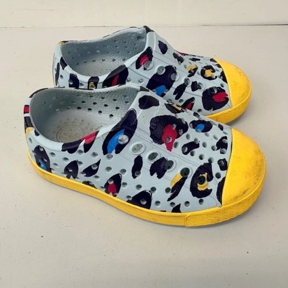 Native Kids Shoes Toddler C5 Blue Multi Color Leopard Print Slip‎ On Sneakers